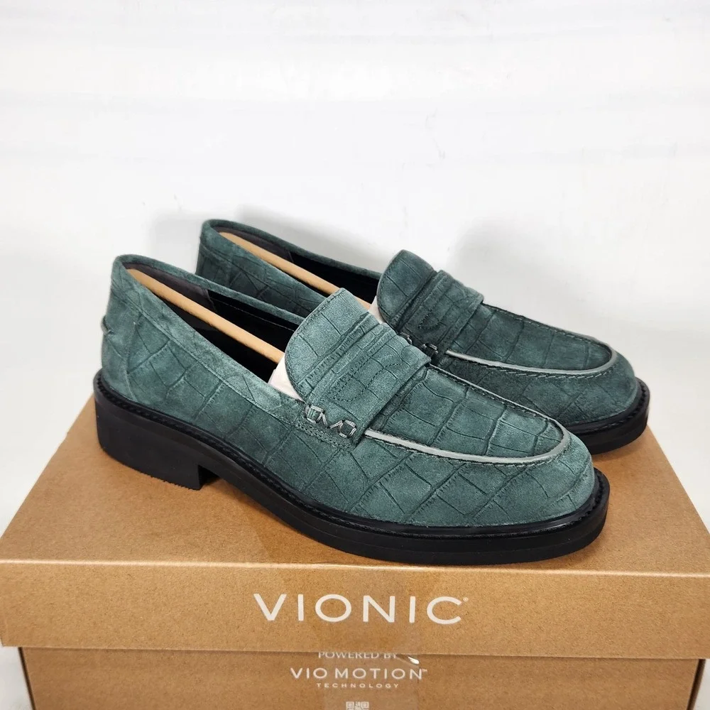 Vionic Caitlin Loafer Women Size 9.5 Scarab Croc Suede Orthotic Penny Loafers